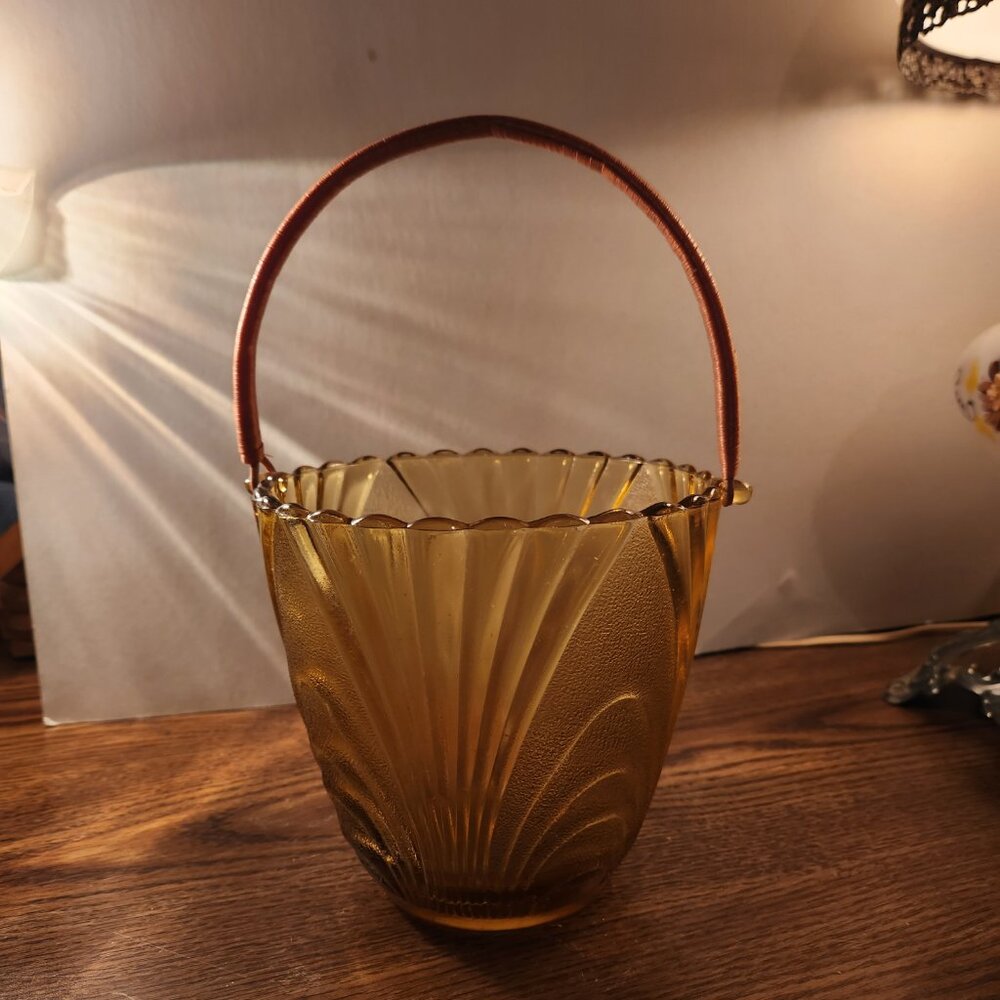 Vintage Brockway Gold Amber Glass Ice Bucket with handle